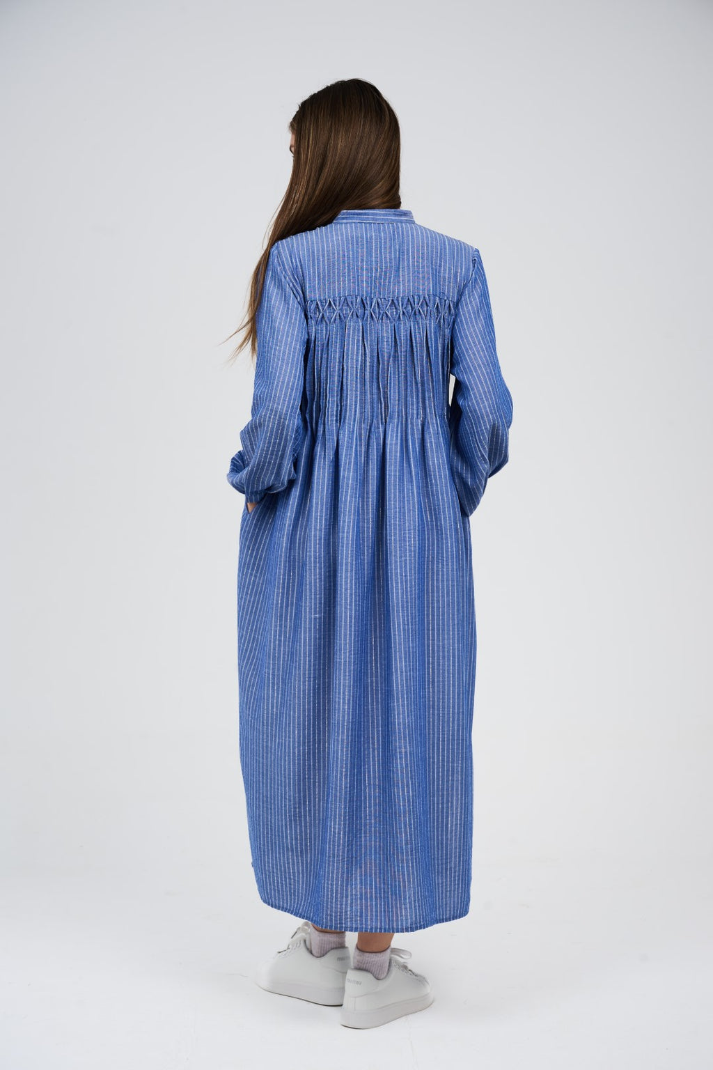 Linen Women’s Striped Maxi Shirt Dress with Button Front