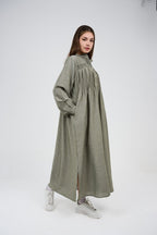 فستان قميص ماكسي مخطط بأزرار أمامية