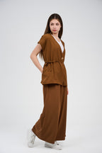 Two-Piece Wrap Top & Wide-Leg Pants Set