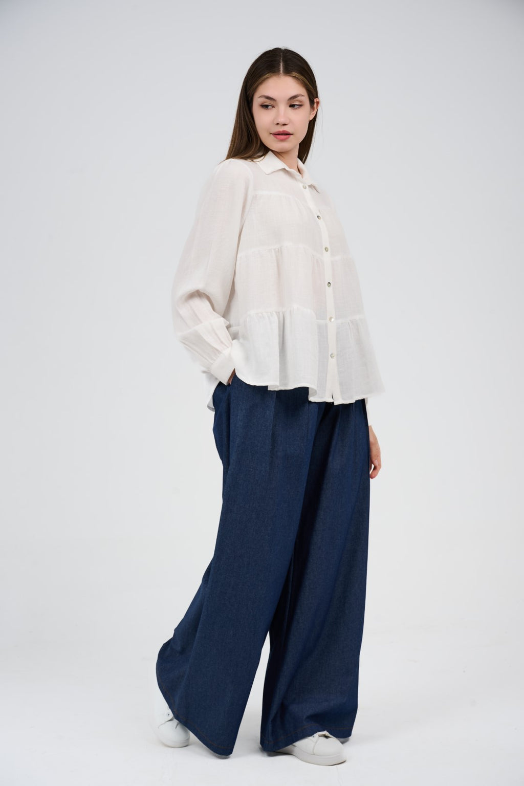 Relaxed Tiered Button-Up Blouse