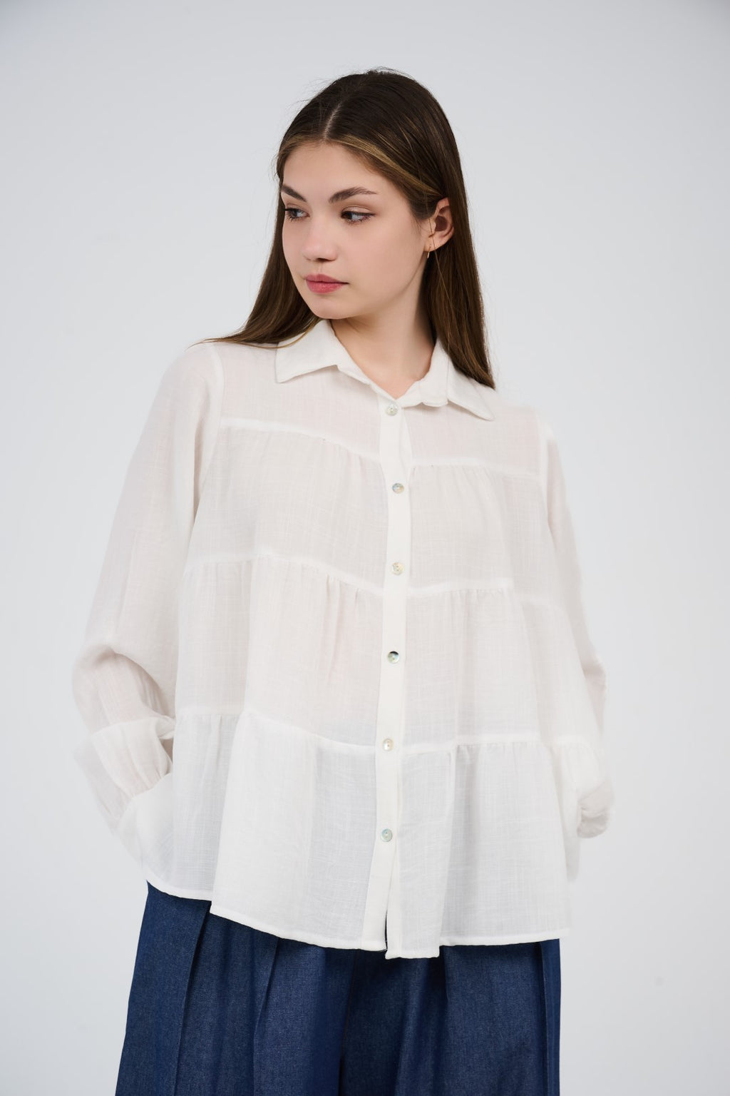 Relaxed Tiered Button-Up Blouse