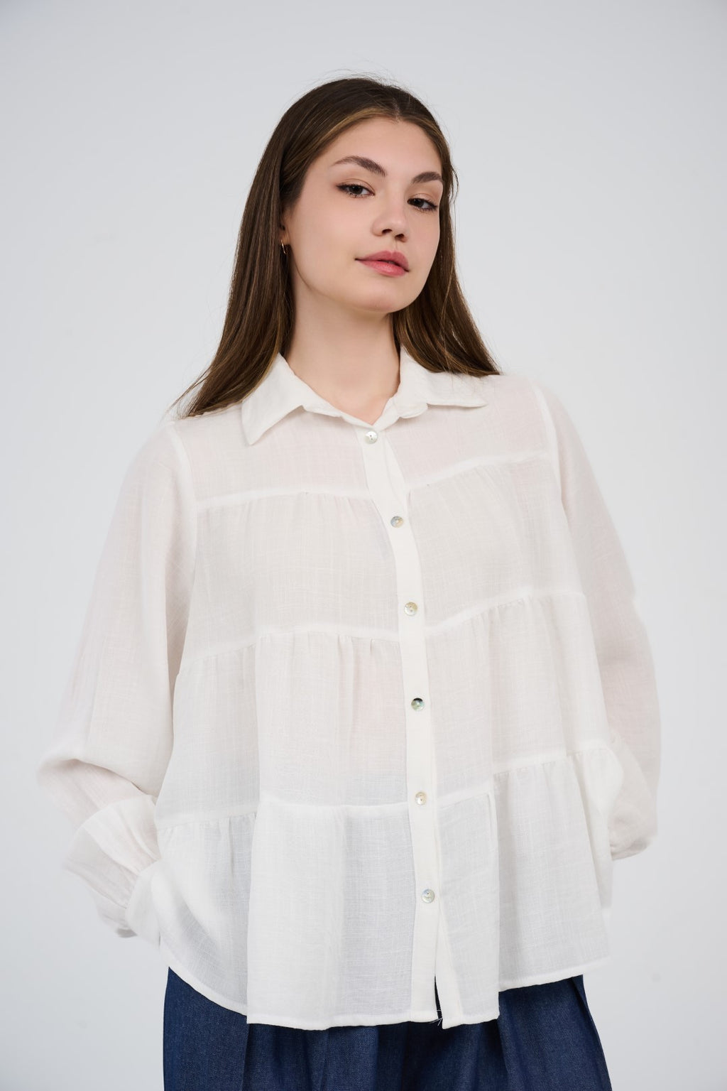 Relaxed Tiered Button-Up Blouse