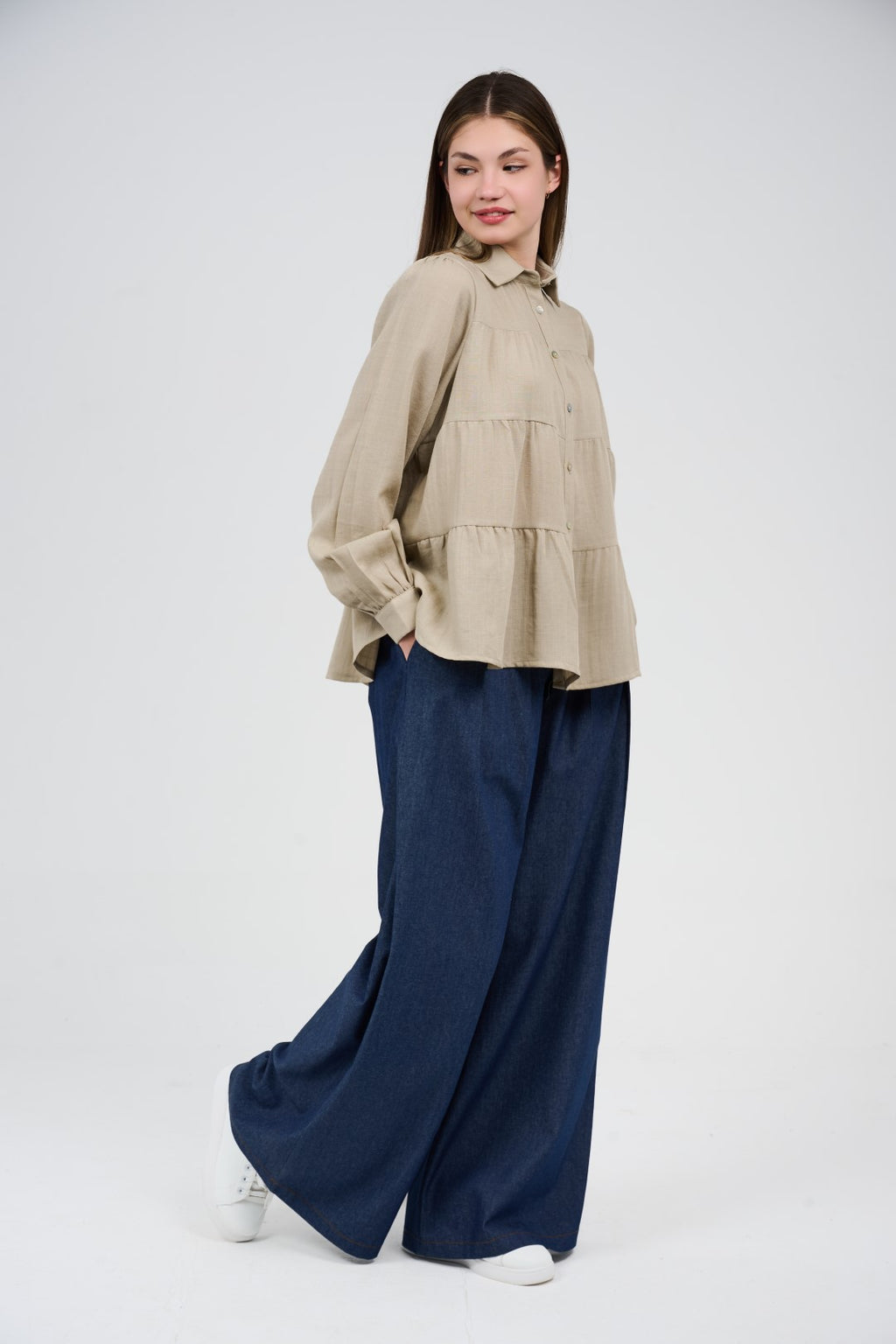 Relaxed Tiered Button-Up Blouse