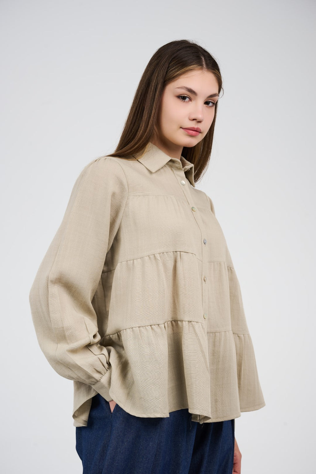 Relaxed Tiered Button-Up Blouse