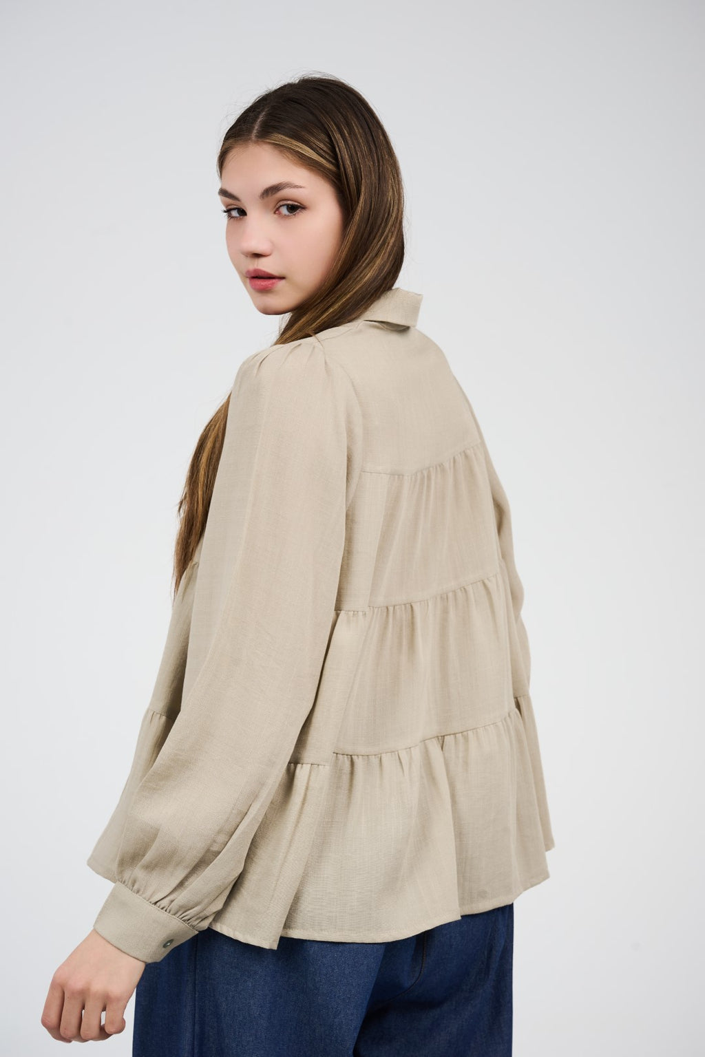 Relaxed Tiered Button-Up Blouse