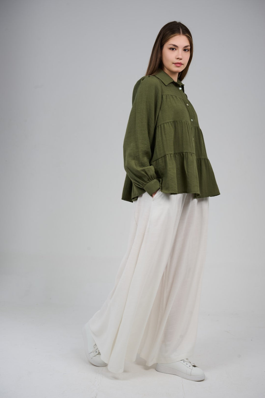 Relaxed Tiered Button-Up Blouse