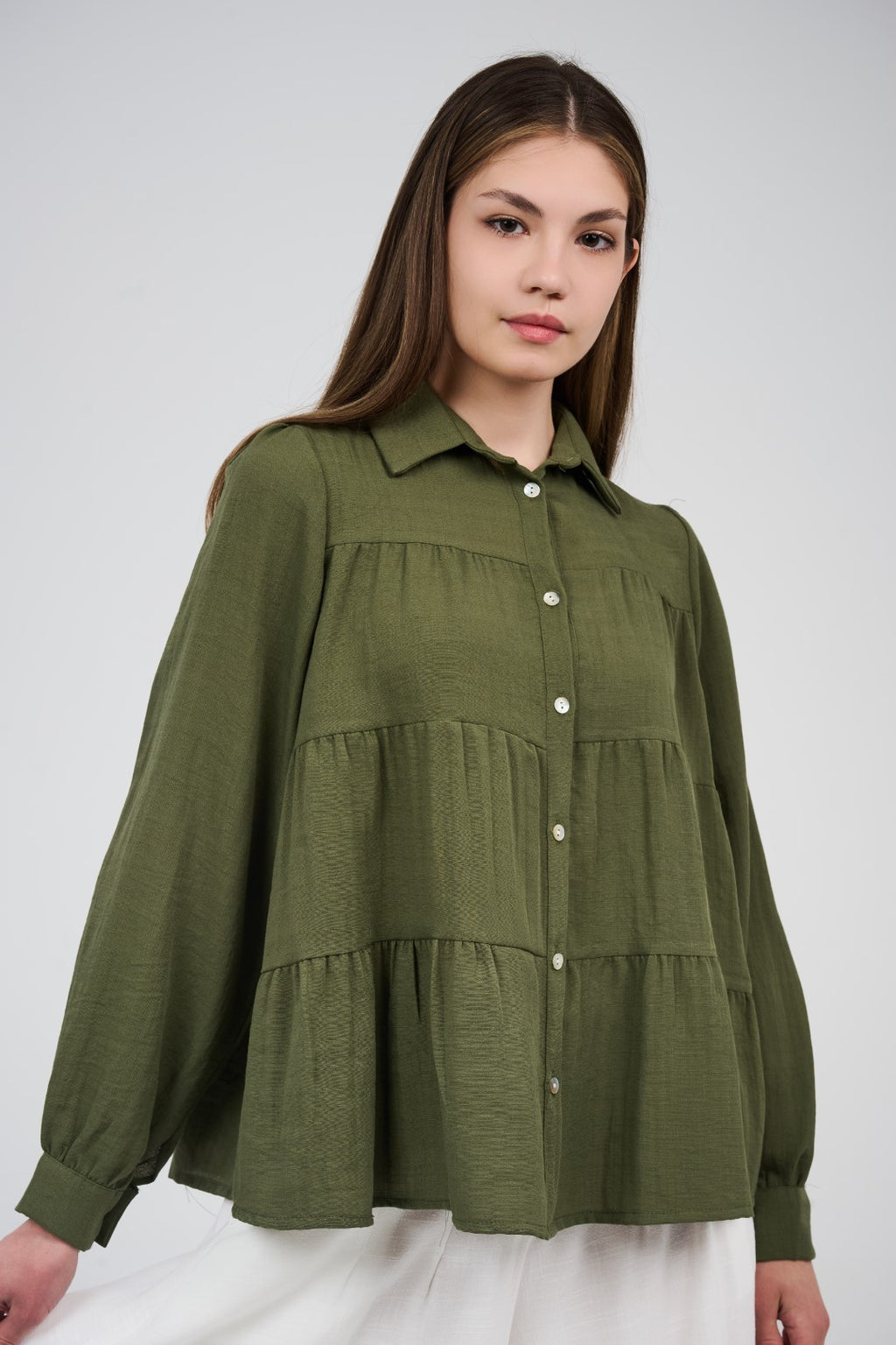Relaxed Tiered Button-Up Blouse
