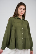 Relaxed Tiered Button-Up Blouse