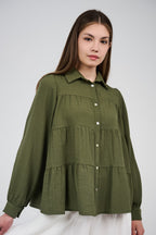 Relaxed Tiered Button-Up Blouse