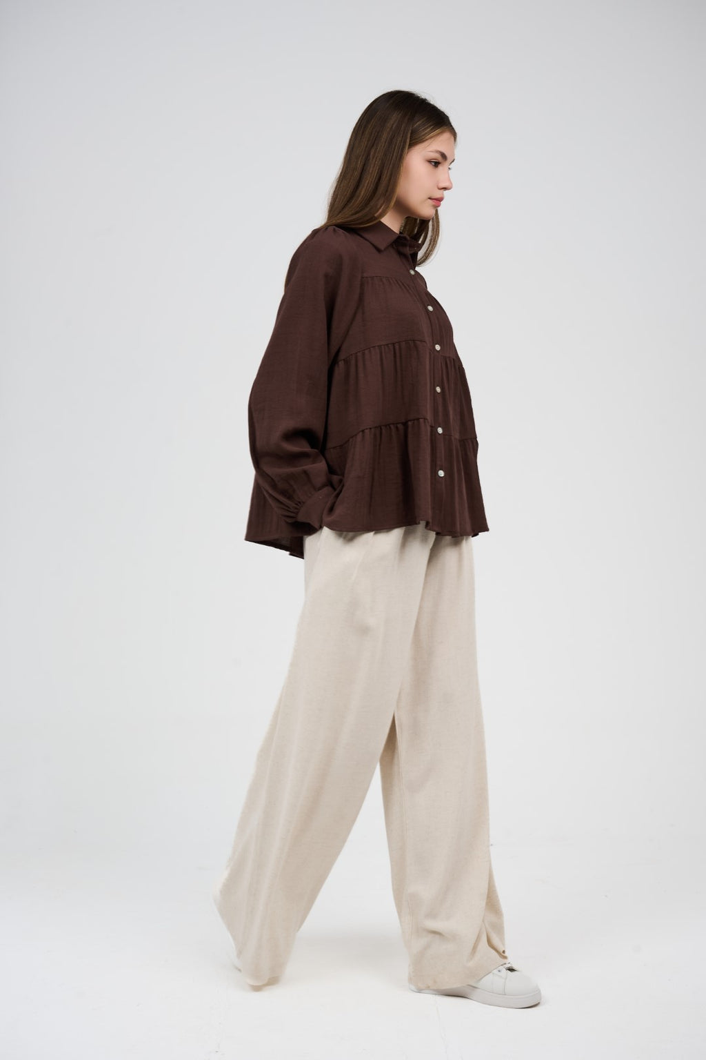 Relaxed Tiered Button-Up Blouse