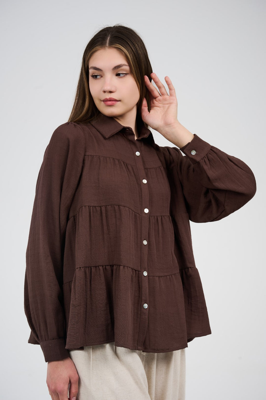 Relaxed Tiered Button-Up Blouse
