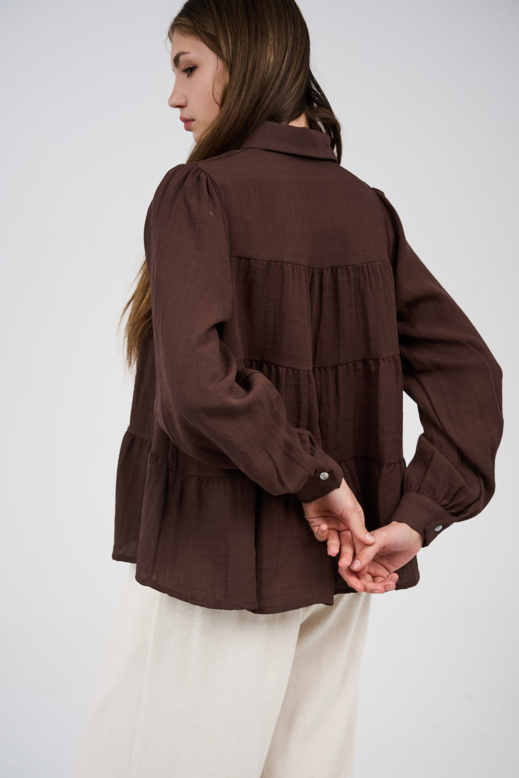 Relaxed Tiered Button-Up Blouse