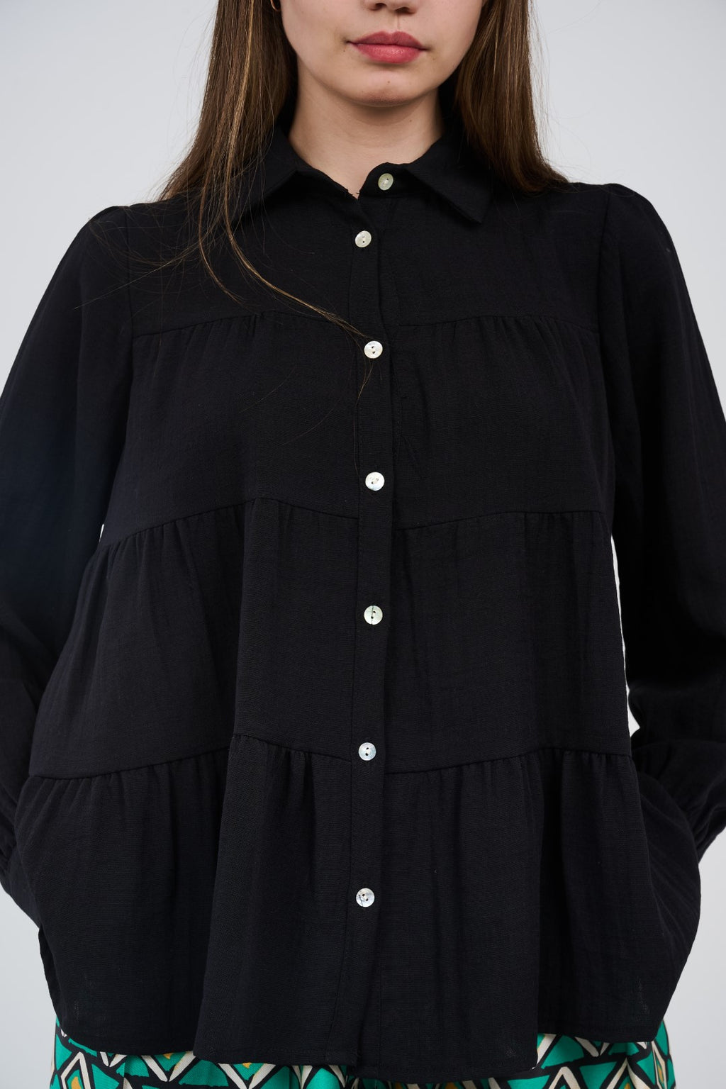 Relaxed Tiered Button-Up Blouse