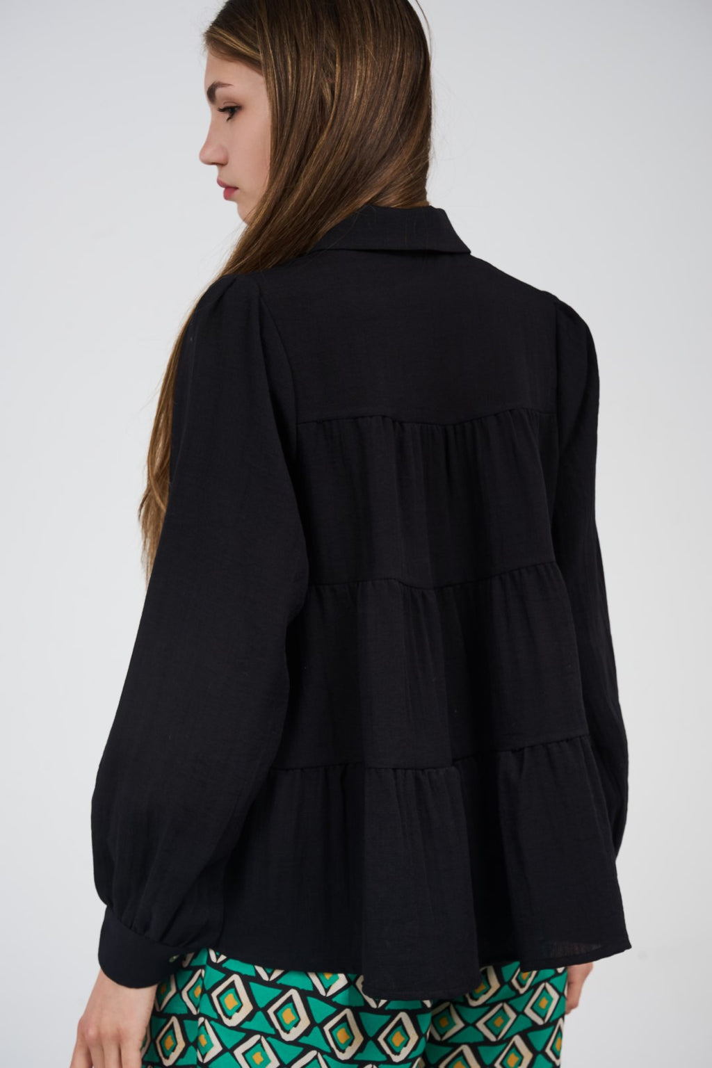 Relaxed Tiered Button-Up Blouse