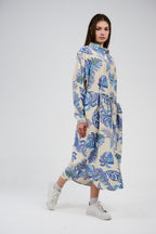 فستان قميص مطبوع بطول ميدي/ماكسي بأزرار أمامية 

