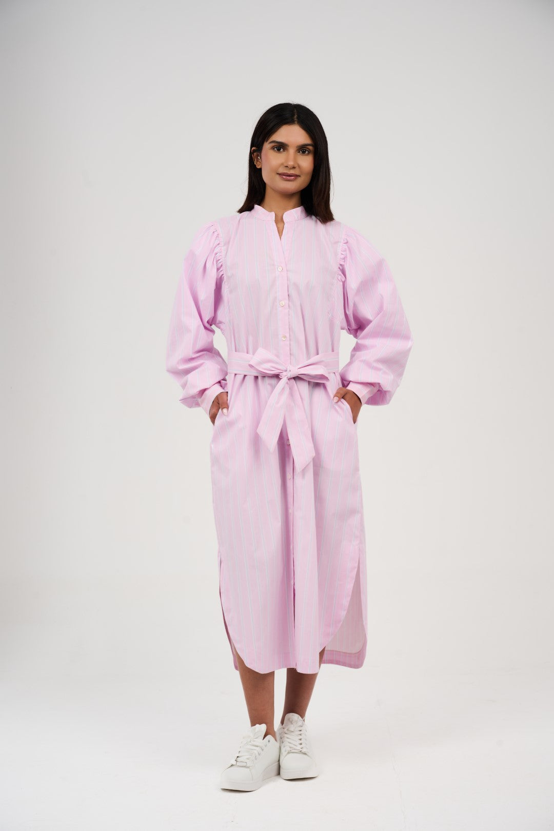 Women’s Striped Midi/Maxi Shirt Dress with Self-Tie Belt