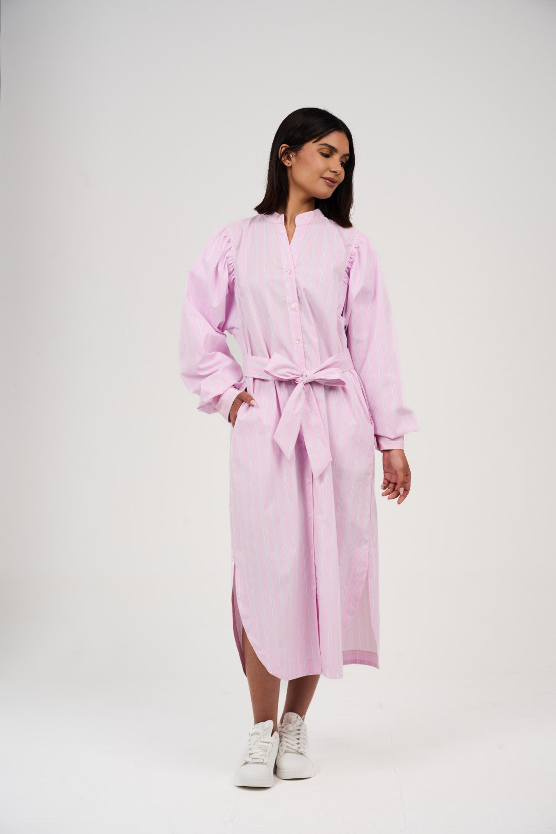Women’s Striped Midi/Maxi Shirt Dress with Self-Tie Belt