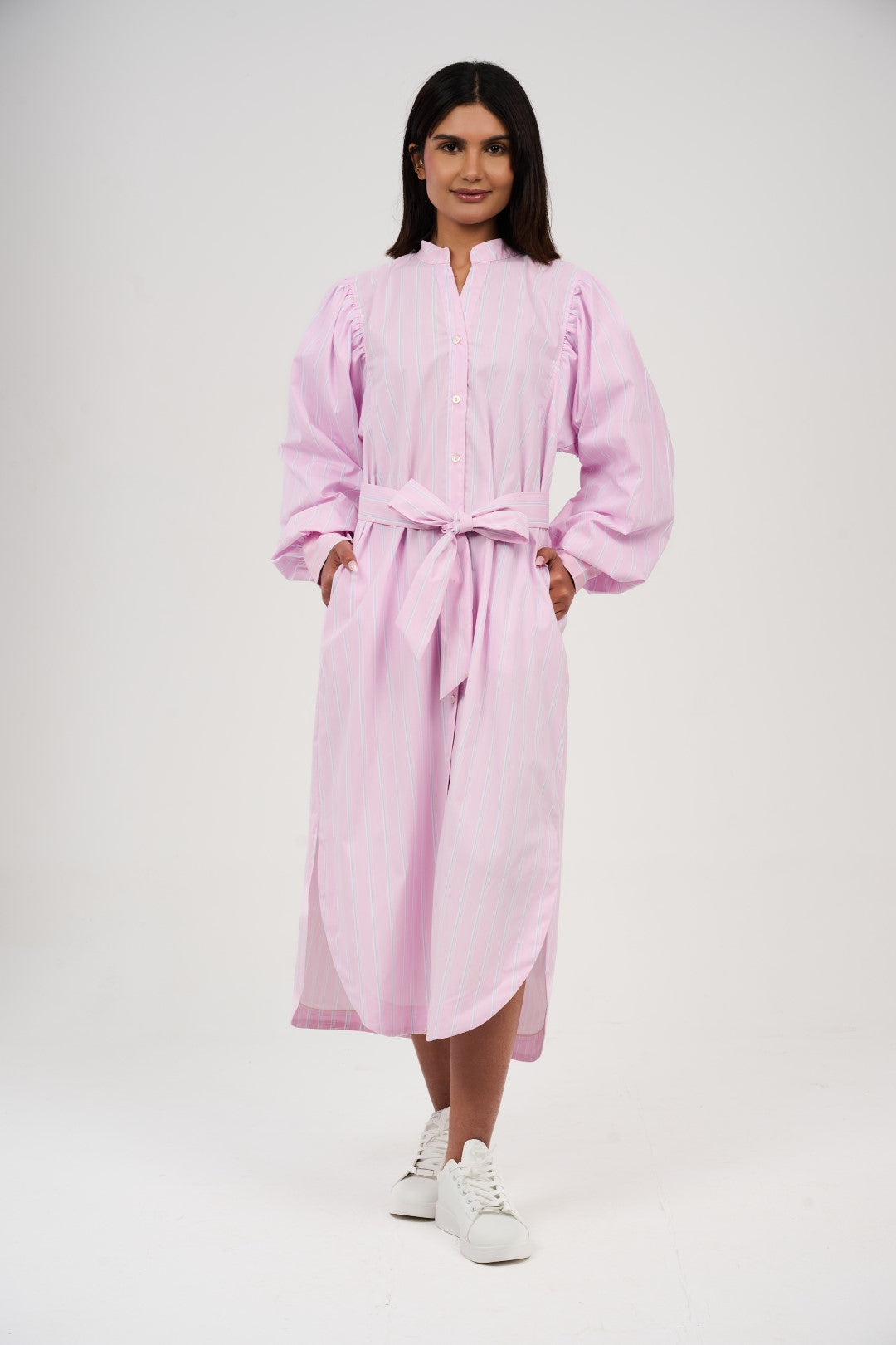 Women’s Striped Midi/Maxi Shirt Dress with Self-Tie Belt