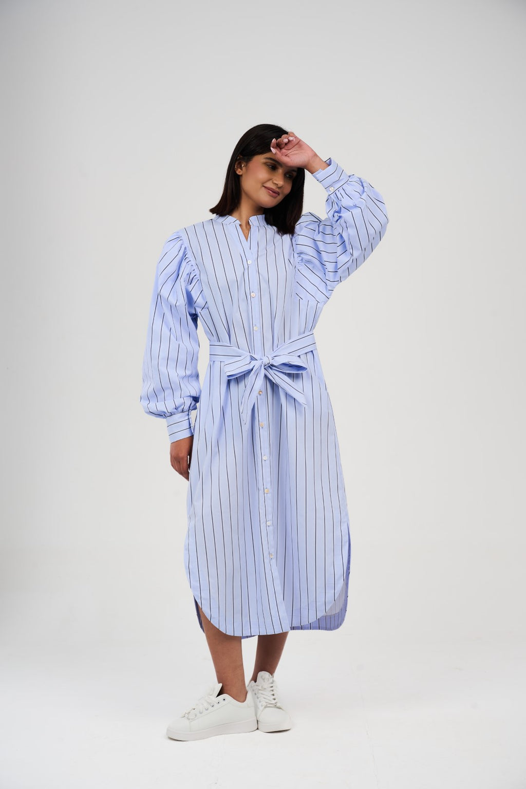 Women’s Striped Midi/Maxi Shirt Dress with Self-Tie Belt