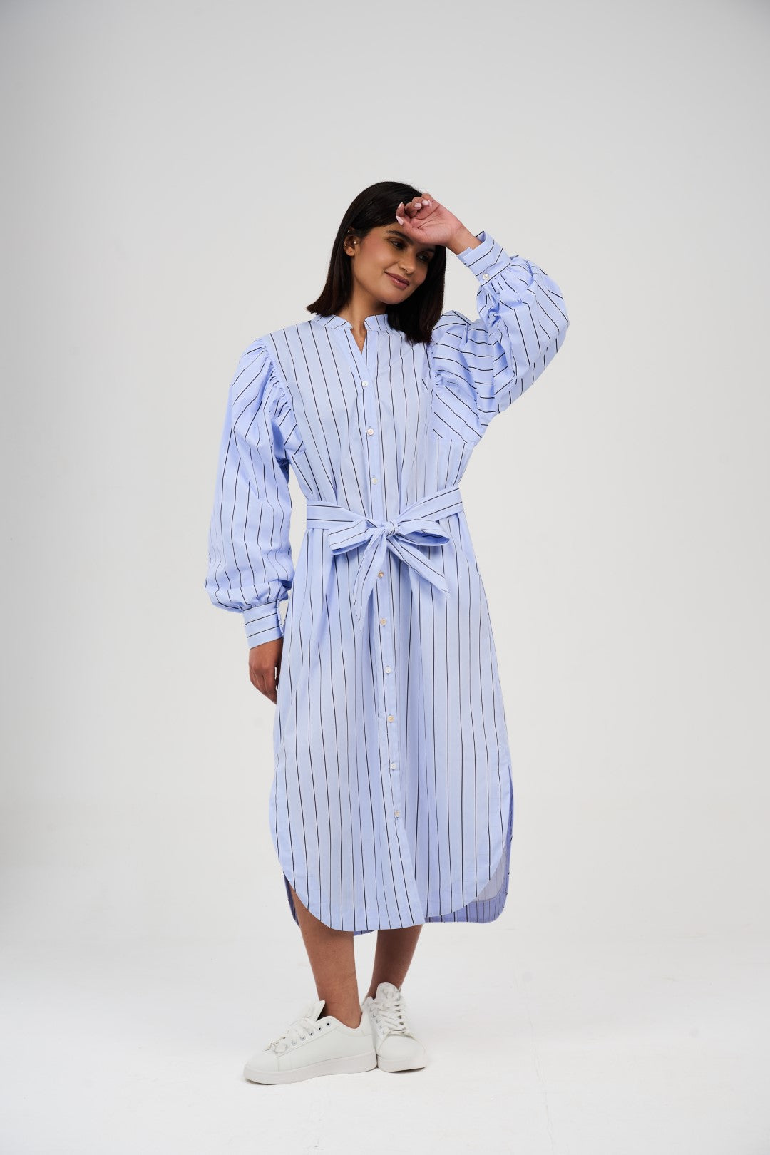 Women’s Striped Midi/Maxi Shirt Dress with Self-Tie Belt