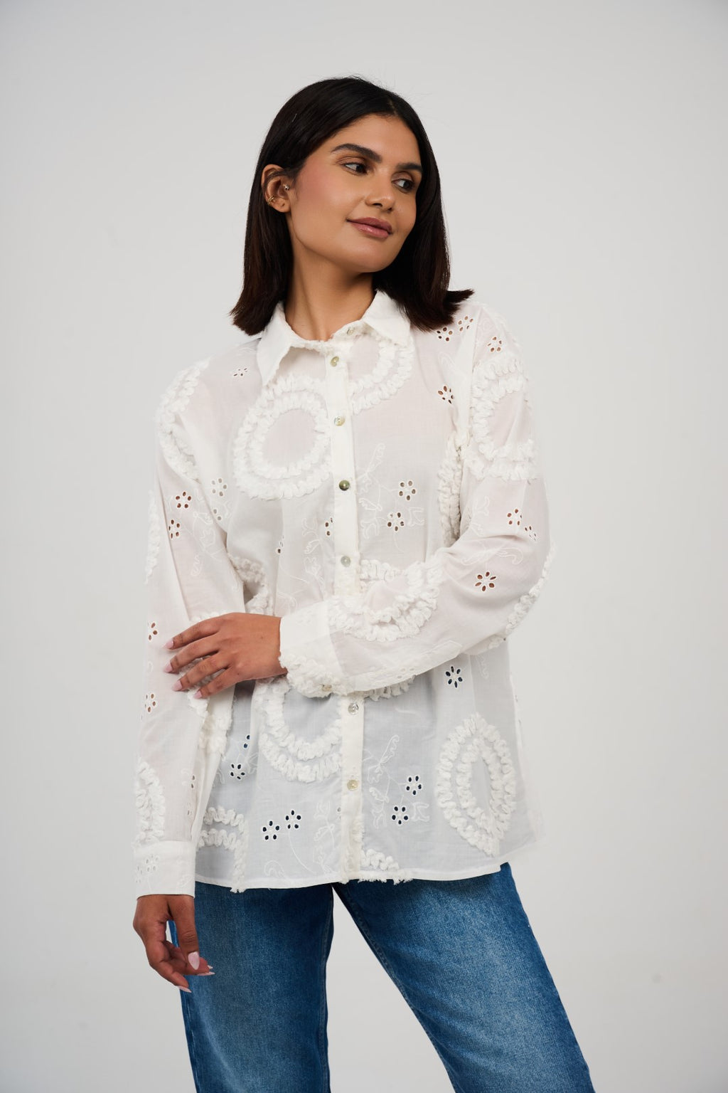 Embroidered Appliqué Blouse with Eyelet Details