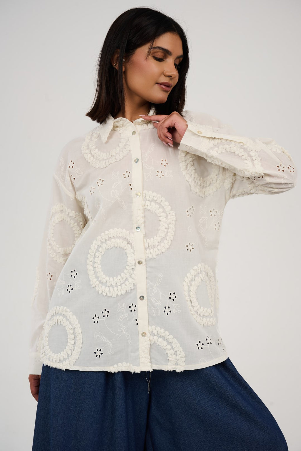 Embroidered Appliqué Blouse with Eyelet Details