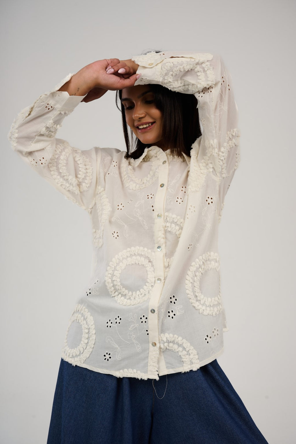 Embroidered Appliqué Blouse with Eyelet Details
