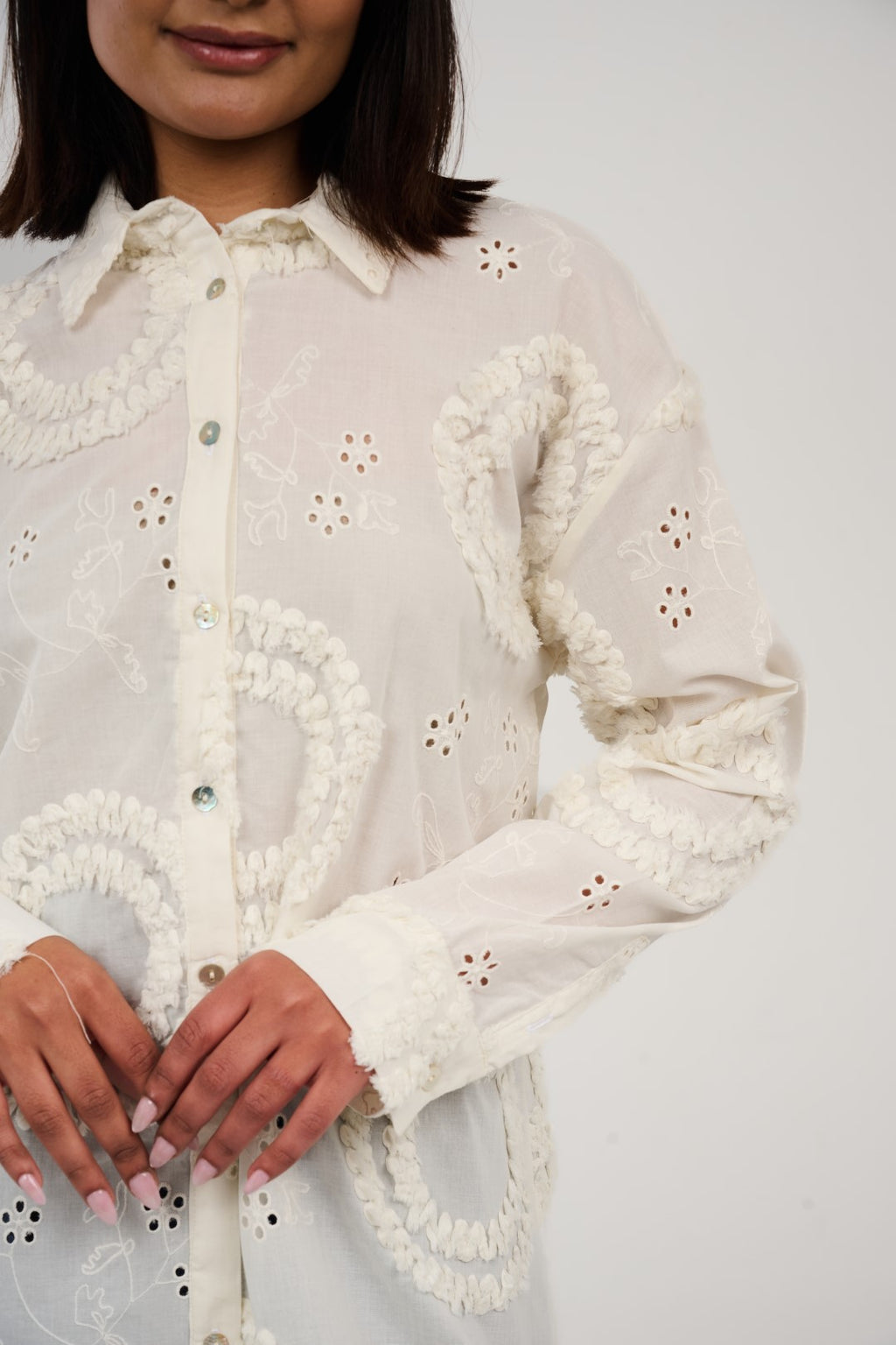 Embroidered Appliqué Blouse with Eyelet Details
