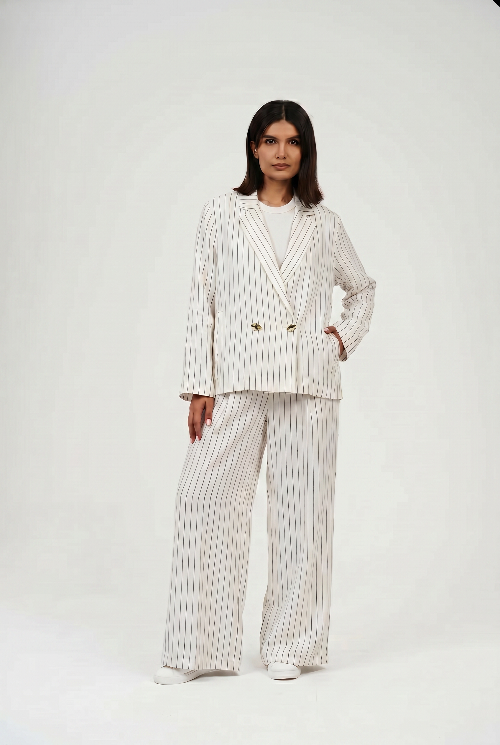 Tow-Piece Linen Suit Set:  Blazer  & Wide-Leg Pants