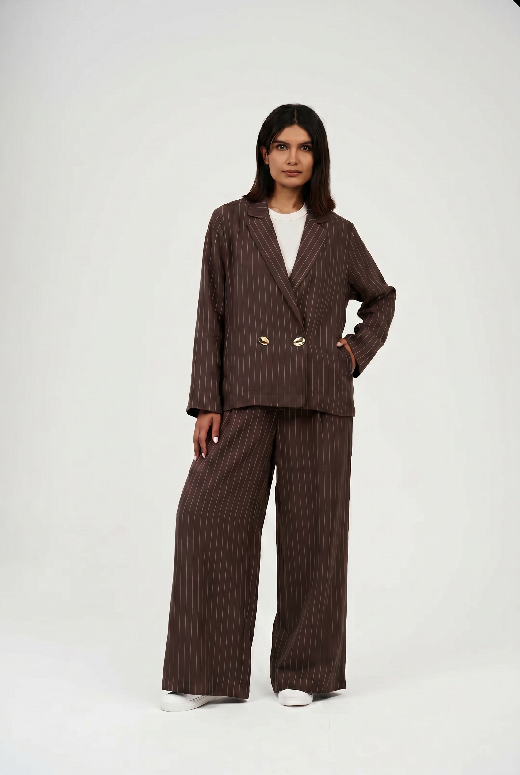 Tow-Piece Linen Suit Set:  Blazer  & Wide-Leg Pants