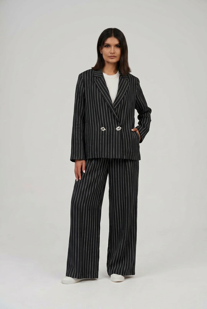 Tow-Piece Linen Suit Set:  Blazer  & Wide-Leg Pants