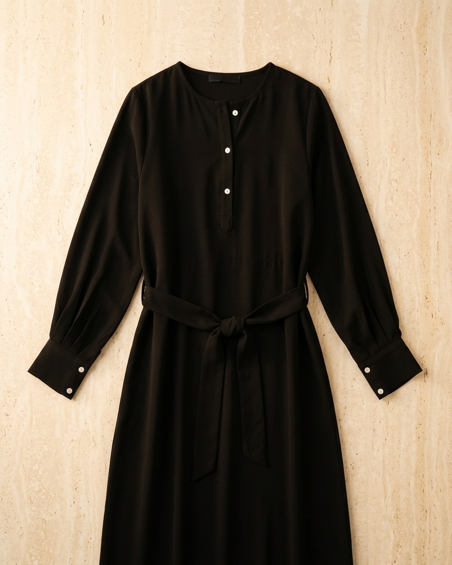 Round Neck Button-Front Dress with Self-Tie Belt & Side Pockets