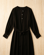 Round Neck Button-Front Dress with Self-Tie Belt & Side Pockets