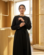 Round Neck Button-Front Dress with Self-Tie Belt & Side Pockets