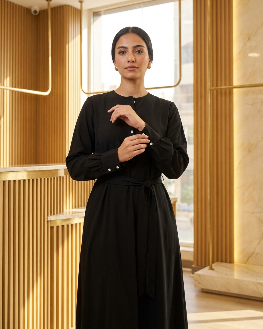 Round Neck Button-Front Dress with Self-Tie Belt & Side Pockets