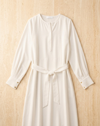 Round Neck Button-Front Dress with Self-Tie Belt & Side Pockets