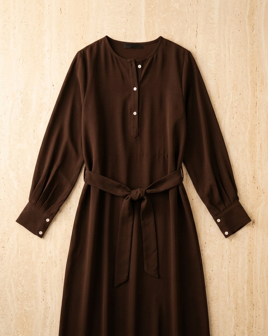 Round Neck Button-Front Dress with Self-Tie Belt & Side Pockets