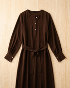 Round Neck Button-Front Dress with Self-Tie Belt & Side Pockets