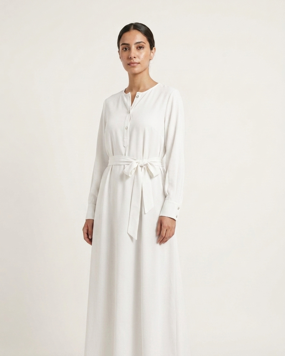 Round Neck Button-Front Dress with Self-Tie Belt & Side Pockets