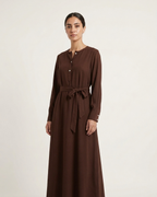 Round Neck Button-Front Dress with Self-Tie Belt & Side Pockets