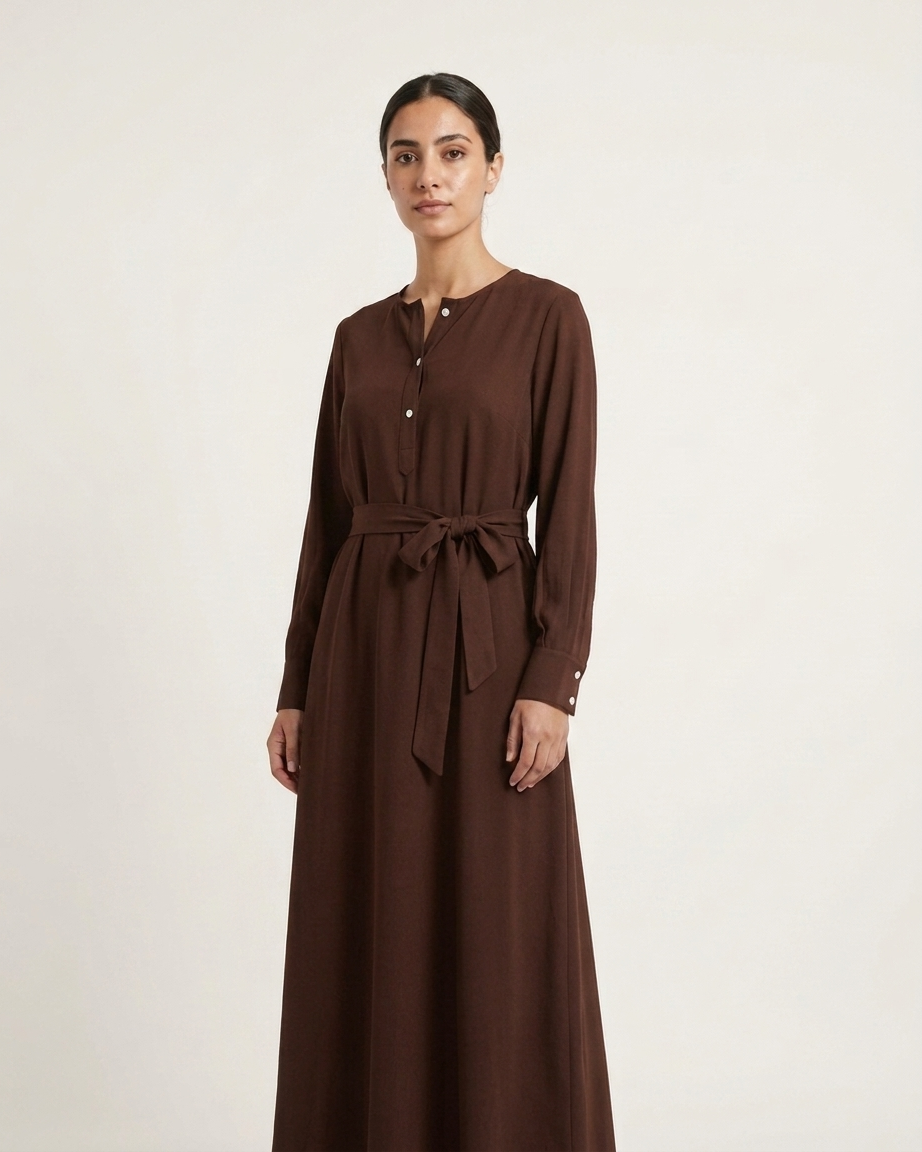 Round Neck Button-Front Dress with Self-Tie Belt & Side Pockets