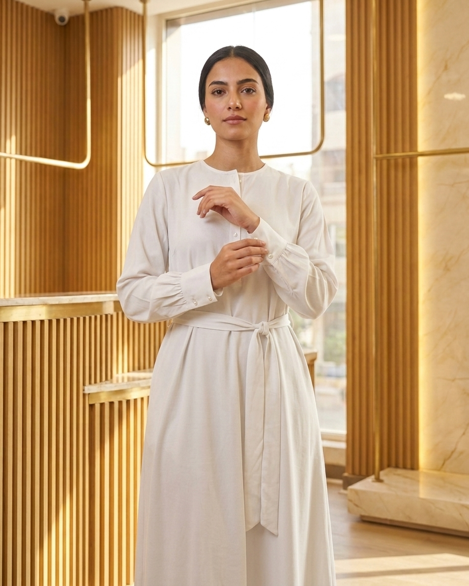 Round Neck Button-Front Dress with Self-Tie Belt & Side Pockets
