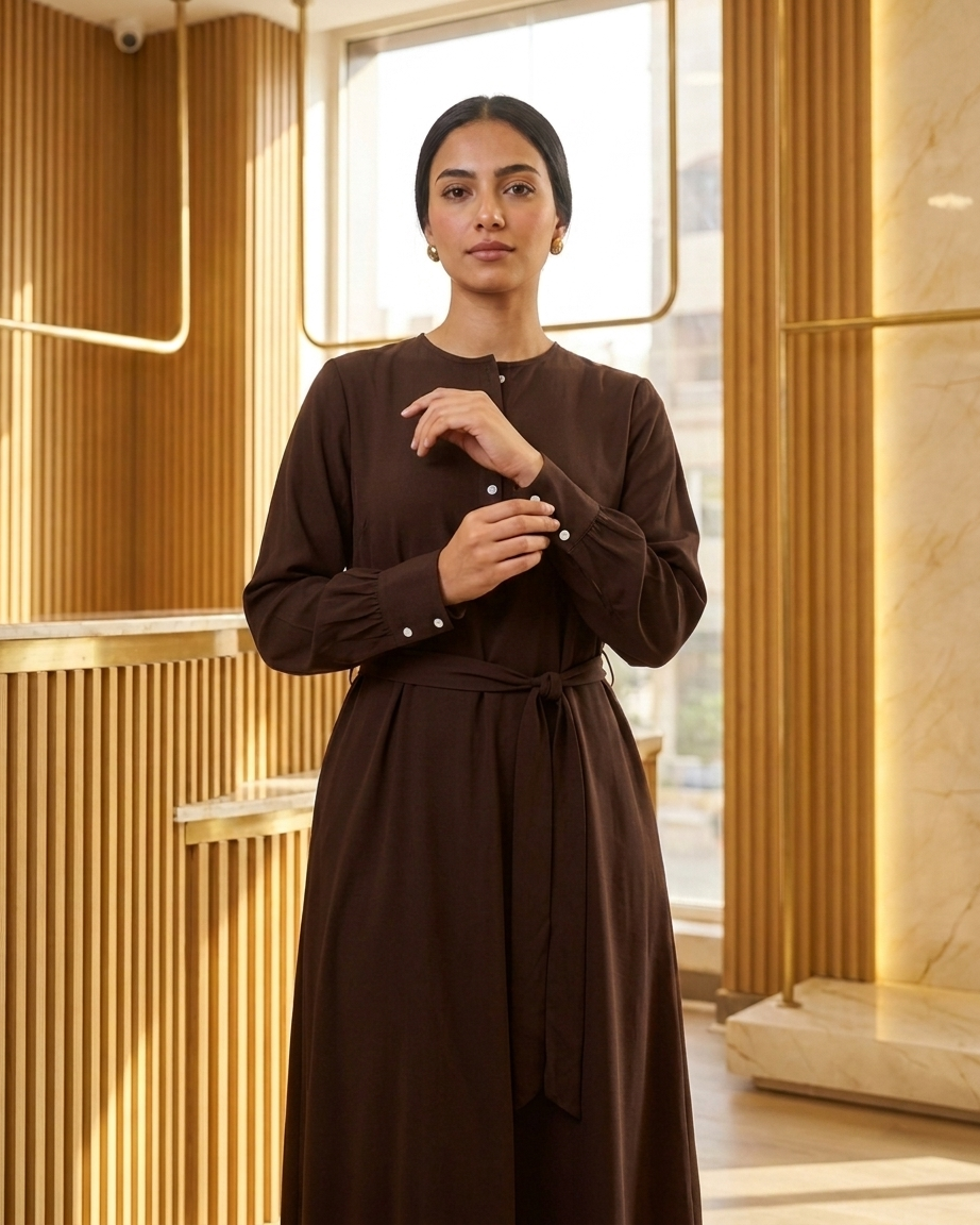 Round Neck Button-Front Dress with Self-Tie Belt & Side Pockets