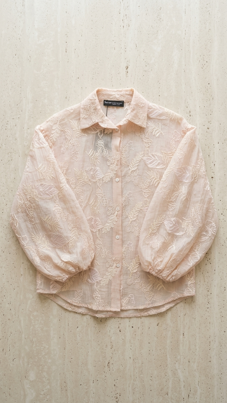 Floral Jacquard Textured Blouse with Puff Sleeves