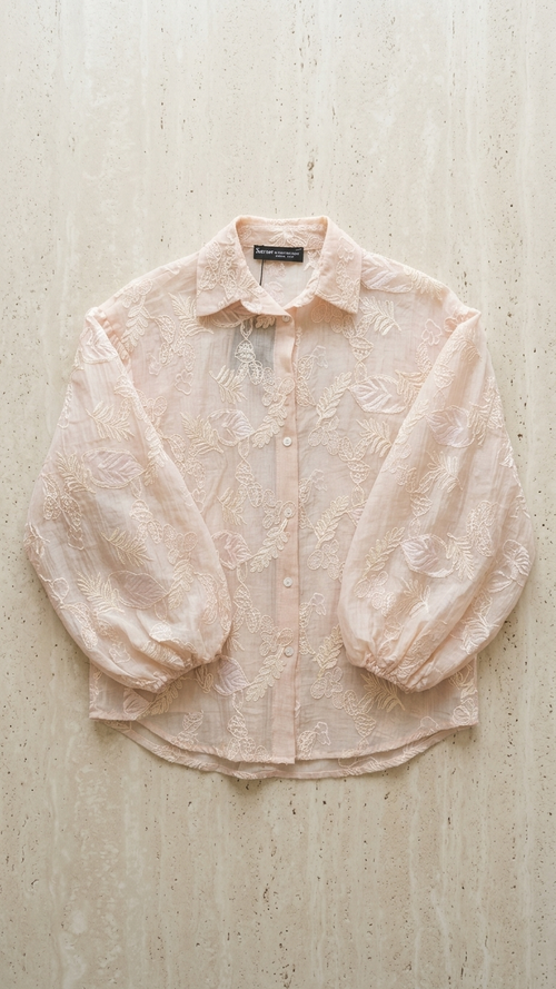 Floral Jacquard Textured Blouse with Puff Sleeves