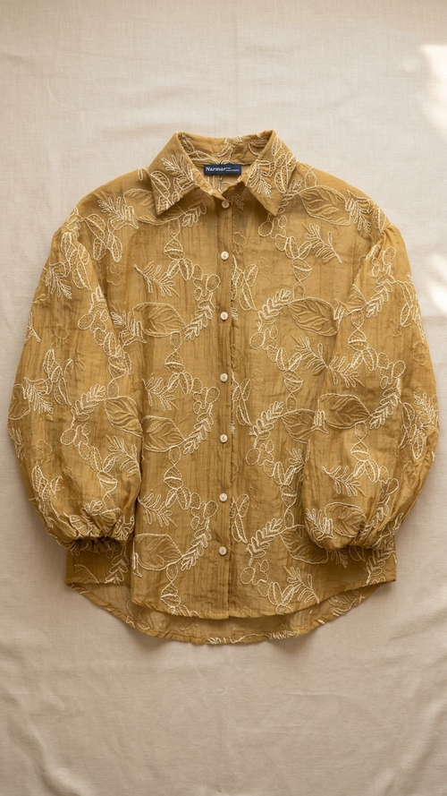 Floral Jacquard Textured Blouse with Puff Sleeves