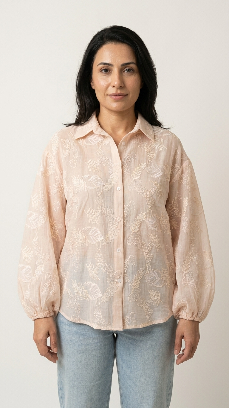 Floral Jacquard Textured Blouse with Puff Sleeves