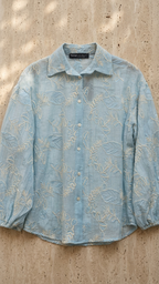 Floral Jacquard Textured Blouse with Puff Sleeves