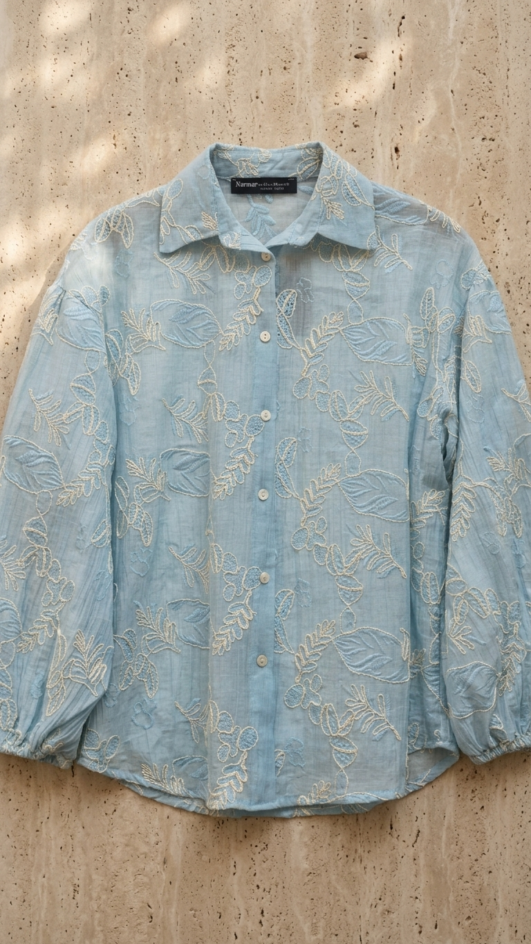 Floral Jacquard Textured Blouse with Puff Sleeves