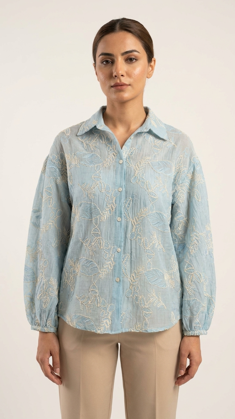 Floral Jacquard Textured Blouse with Puff Sleeves